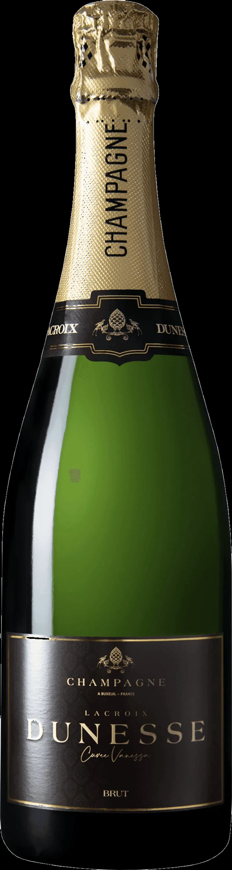 Flaska med Lacroix mousserande vin och ett glas bubbel
