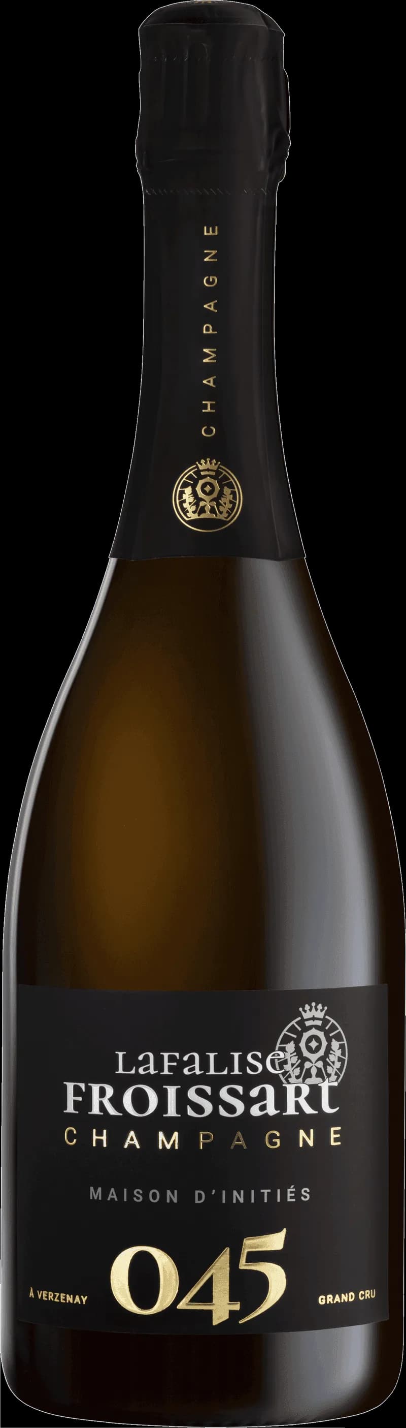 Flaska av Lafalise Froissart mousserande vin mot neutral bakgrund.