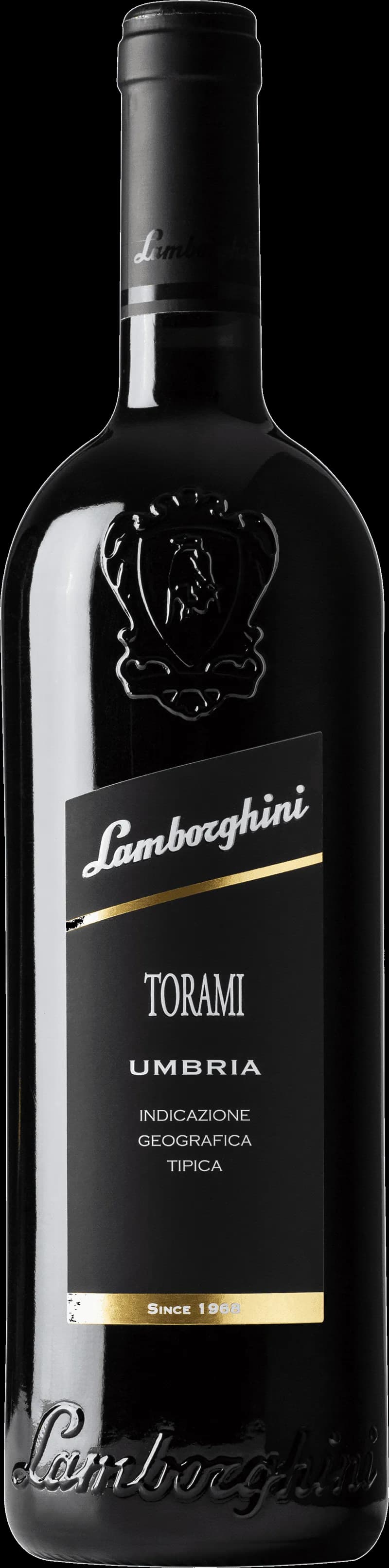 En flaska Lamborghini rött vin på ett bord.