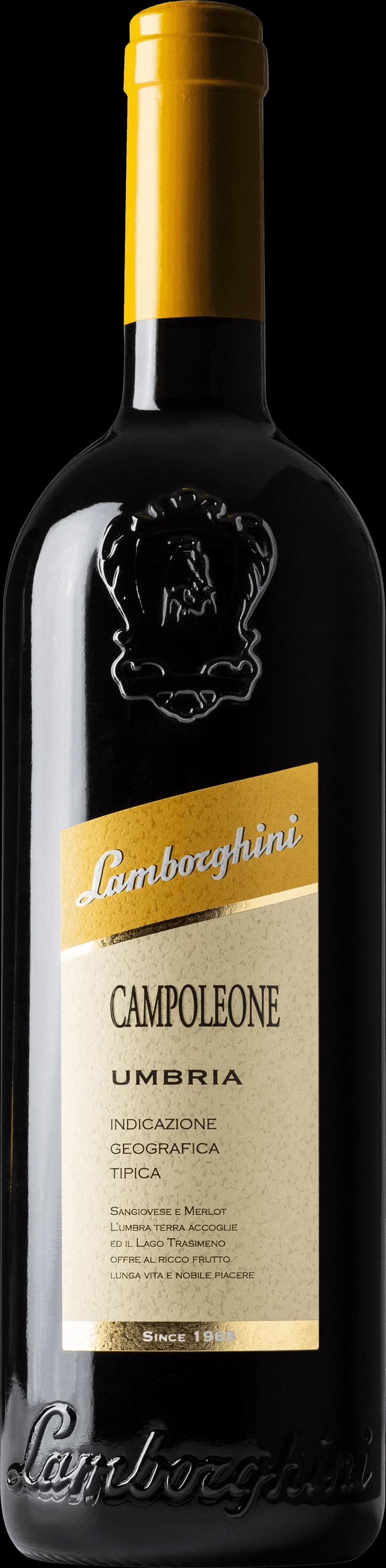 En flaska Lamborghini rött vin mot en mörk bakgrund.