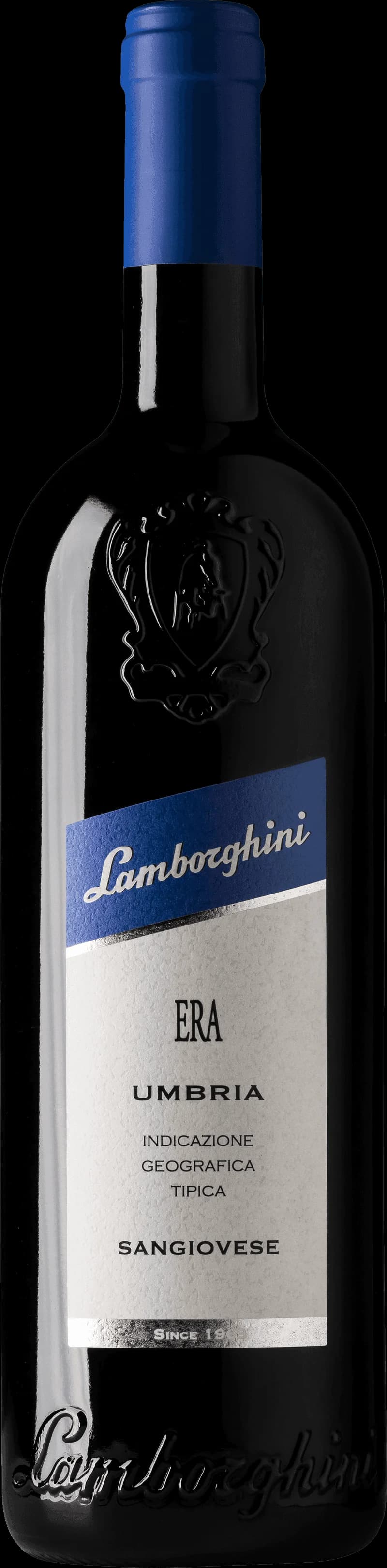 En flaska Lamborghini rött vin på ett bord.