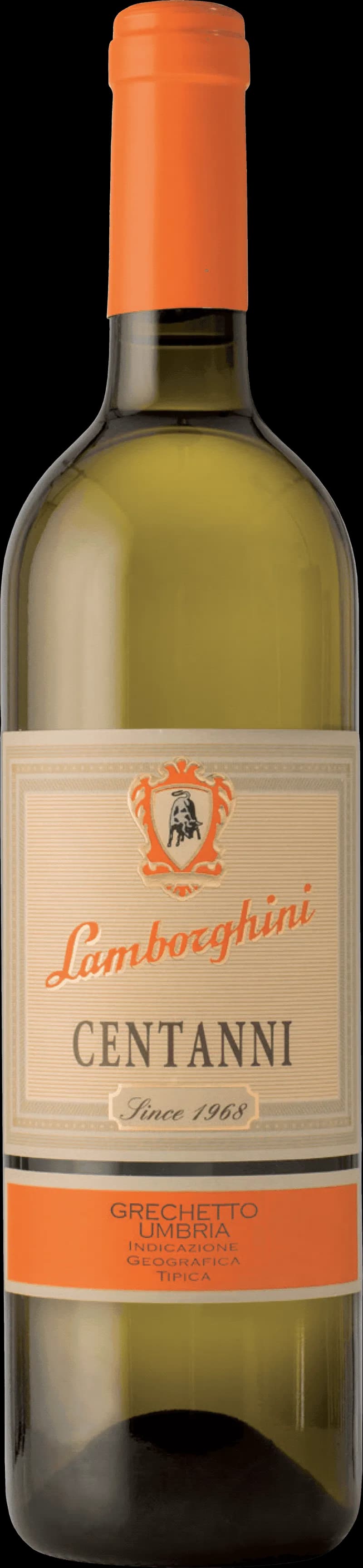 En flaska Lamborghini vitt vin mot en mörk bakgrund.