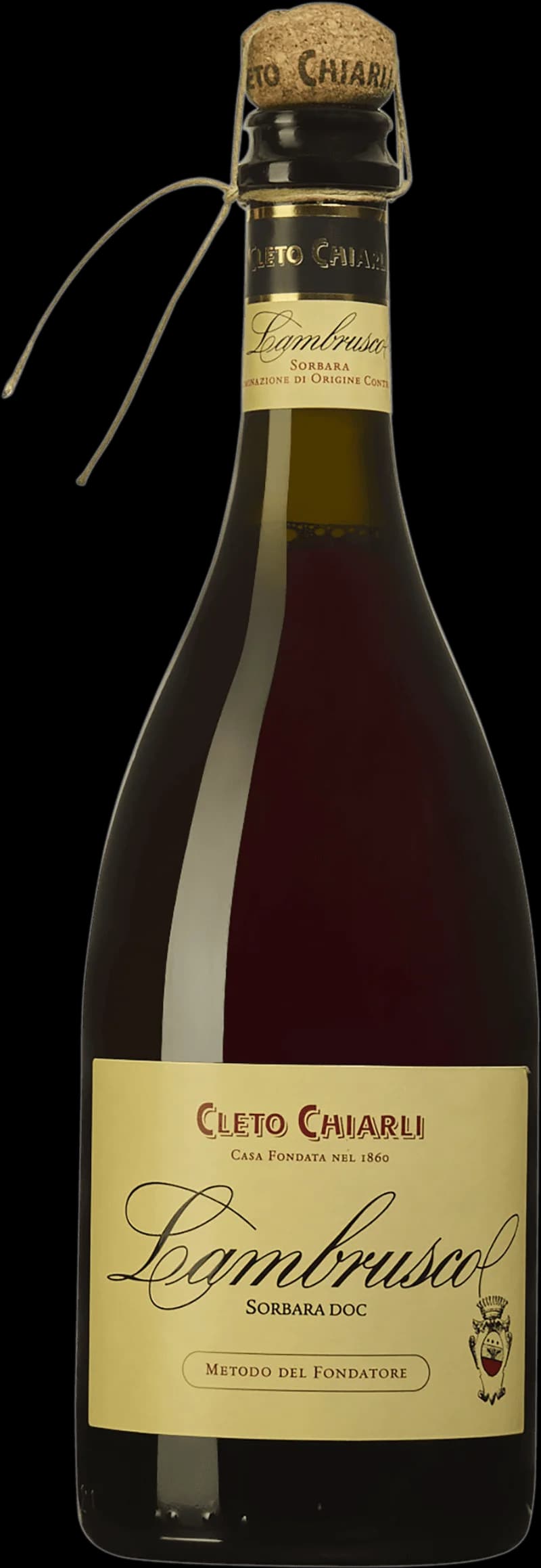 Flaska Lambrusco del Fondatore rött vin mot ljus bakgrund