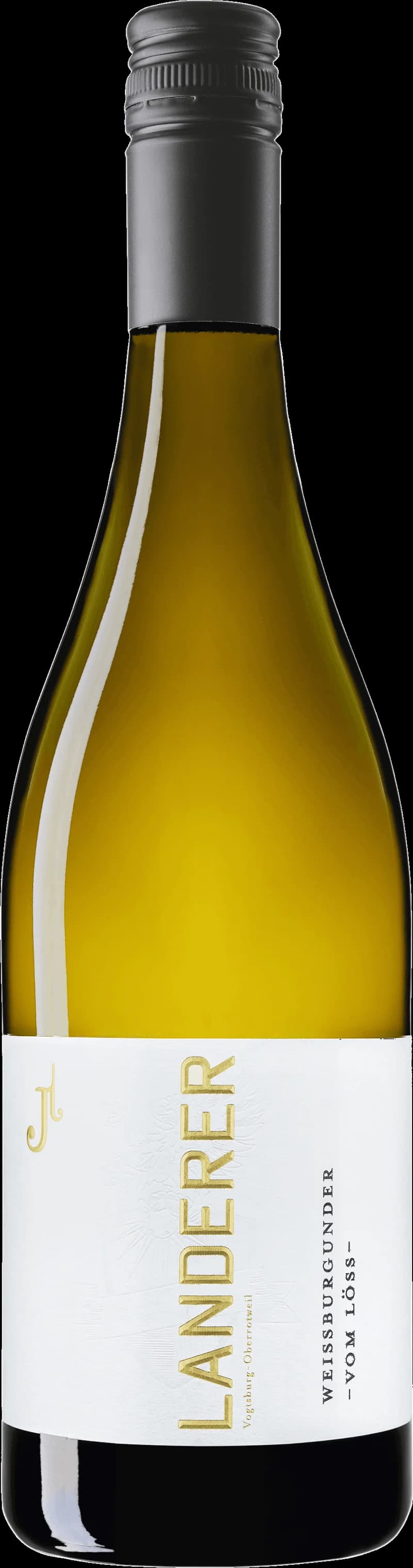 Flaska Landerer Weissburgunder Organic vom Loss vitt vin mot ljus bakgrund.