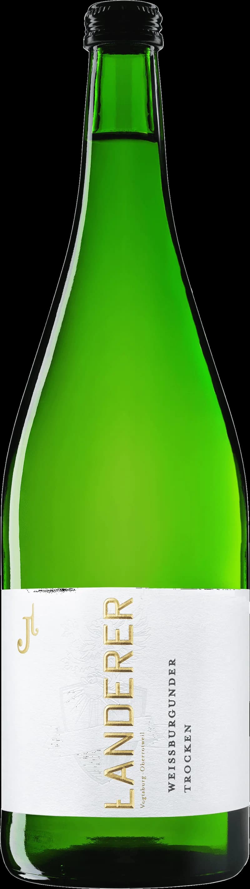 Flaska Landerer Weissburgunder Trocken vitt vin mot ljus bakgrund.