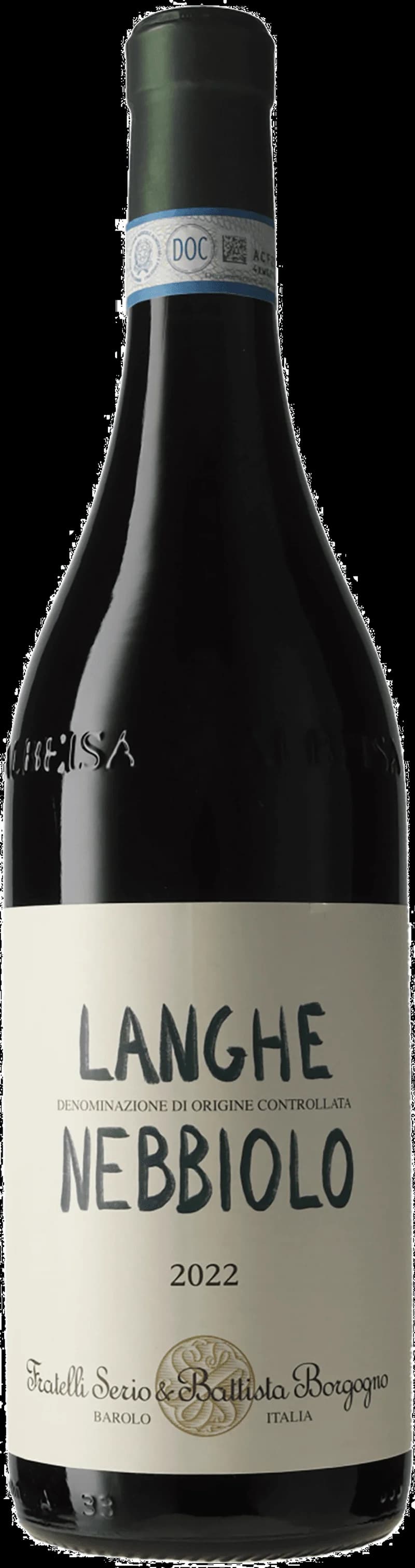 Flaska Langhe Nebbiolo rött vin framför vingård i Piemonte