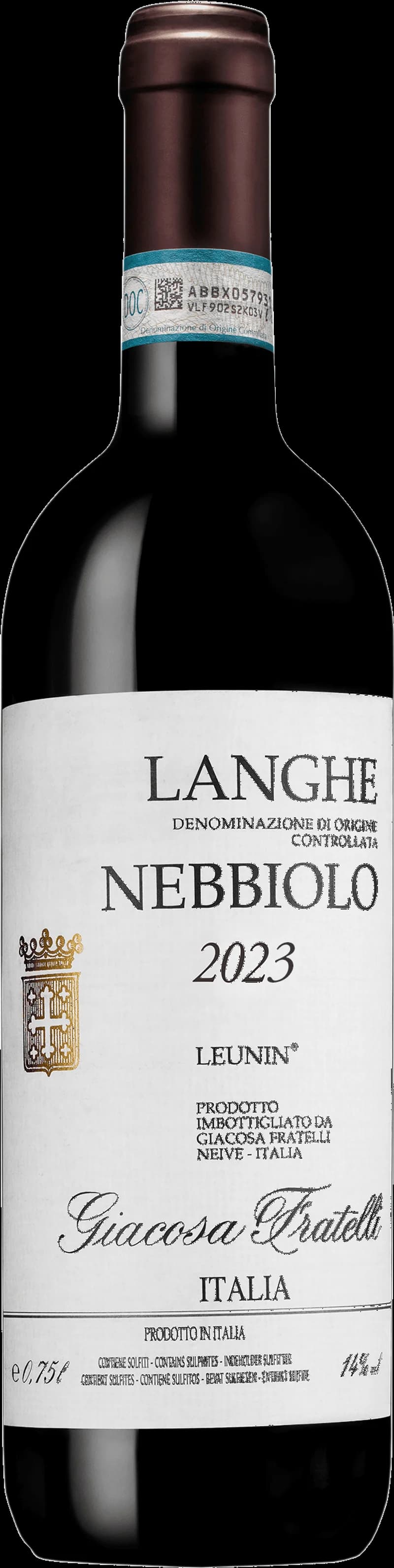 Flaska med Langhe Nebbiolo rött vin mot en mörk bakgrund.