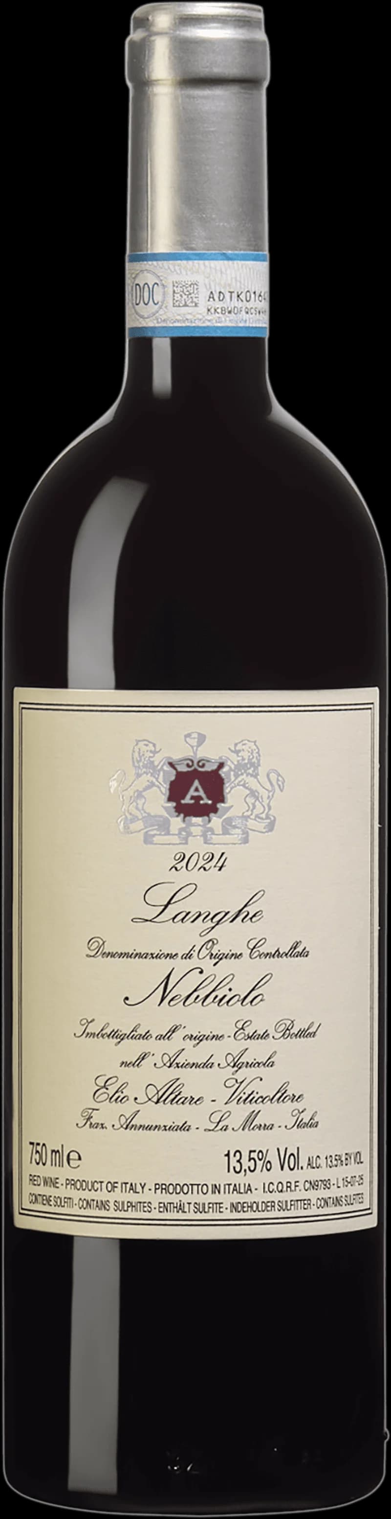 Flaska Langhe Nebbiolo rött vin på bordet