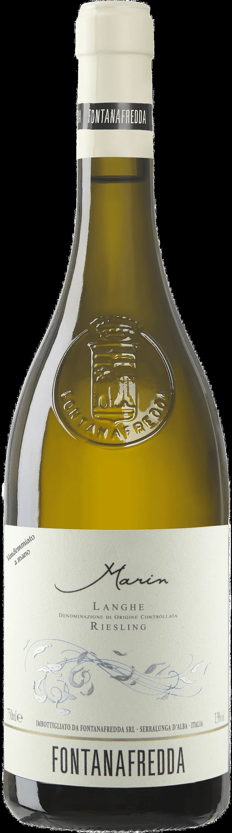 Flaska av Langhe Riesling Marin vitt vin mot neutral bakgrund.