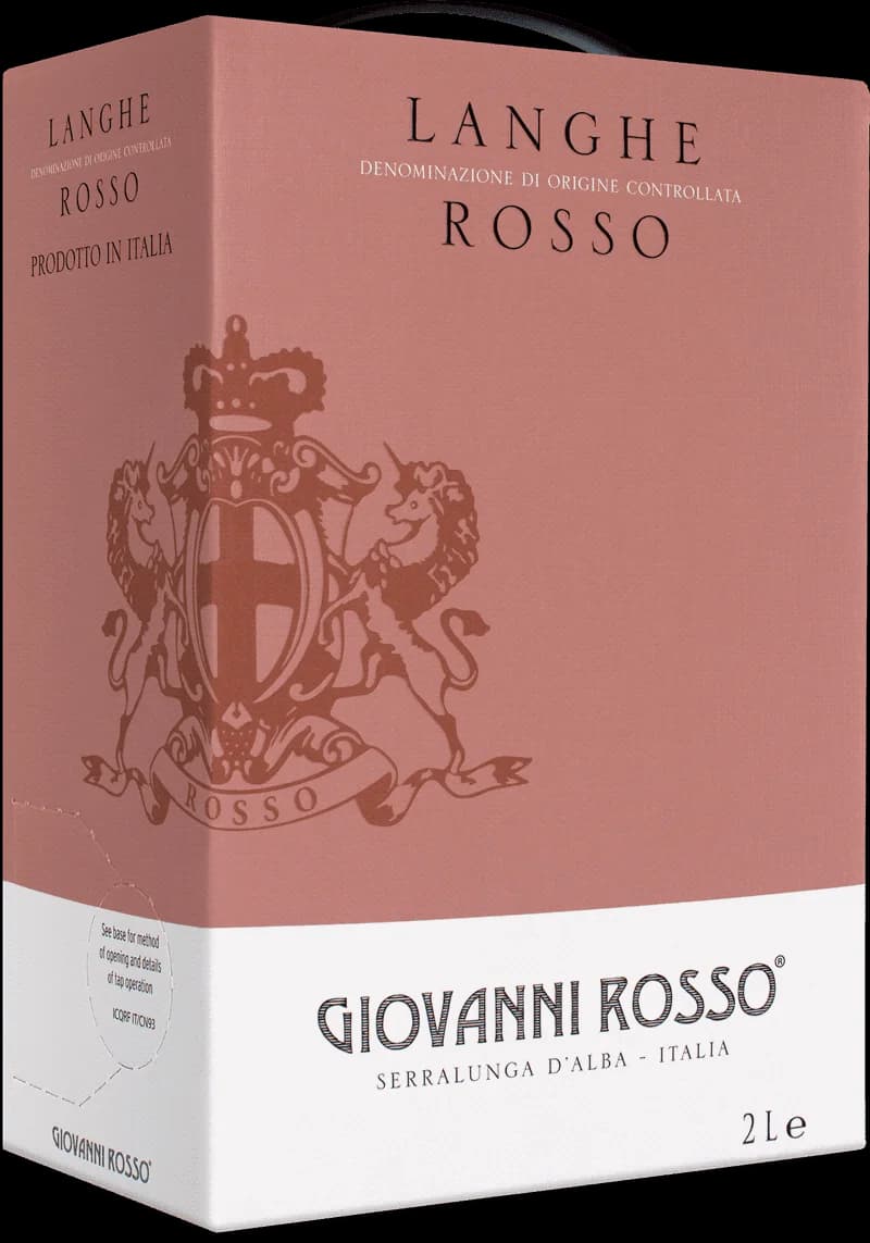 Flaska av Langhe Rosso rött vin mot neutral bakgrund.