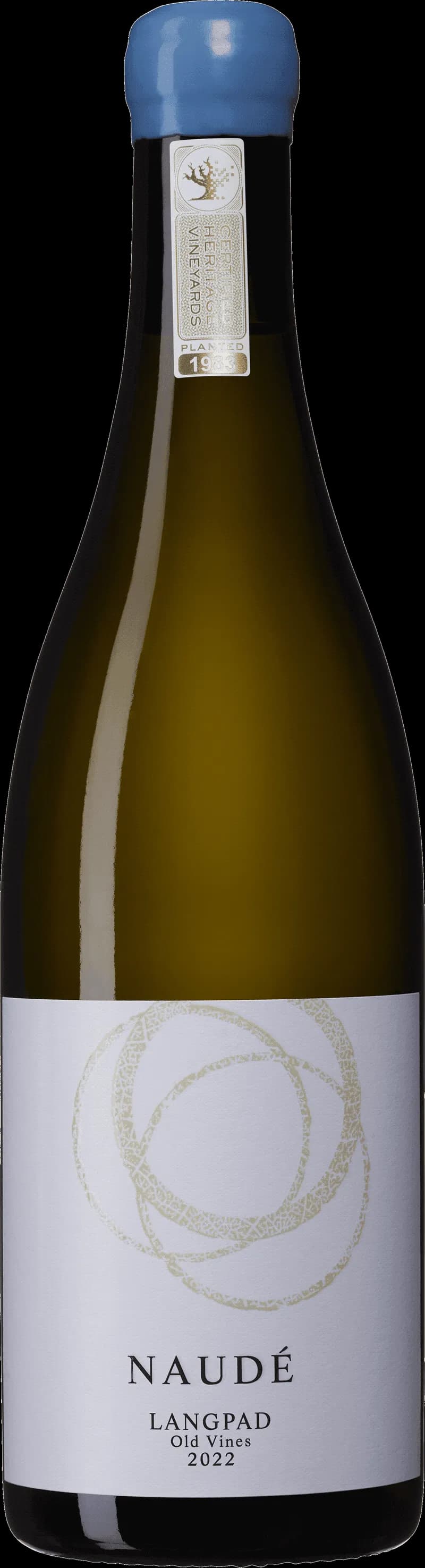 Flaska med Langpad Colombard vitt vin mot ljus bakgrund.