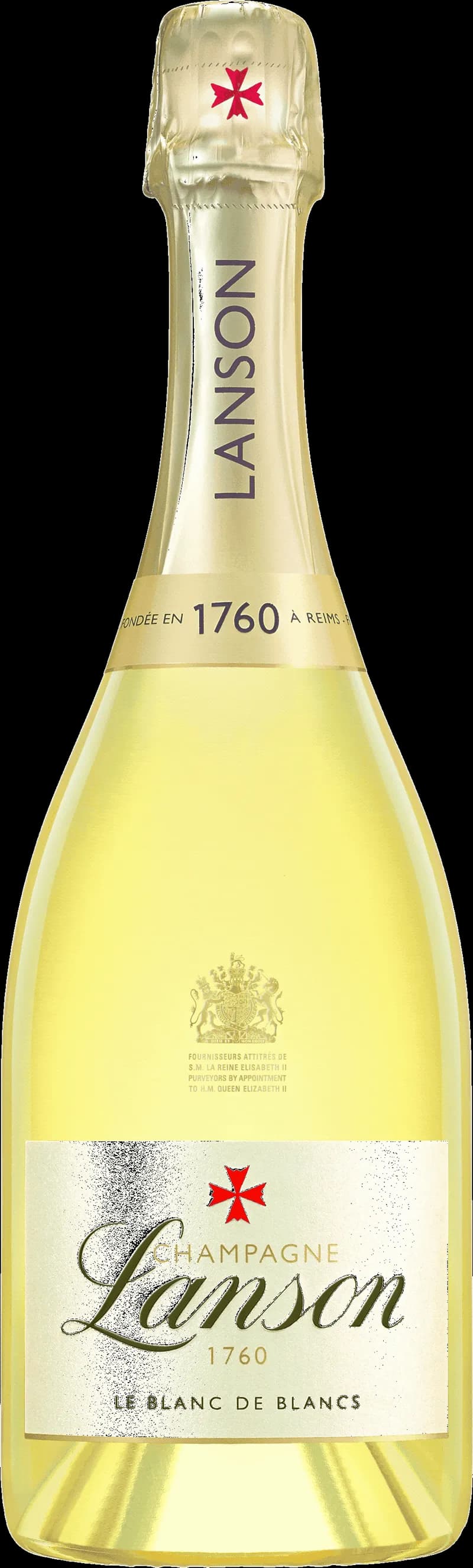 Flaska av Lanson mousserande vin mot en mörk bakgrund.
