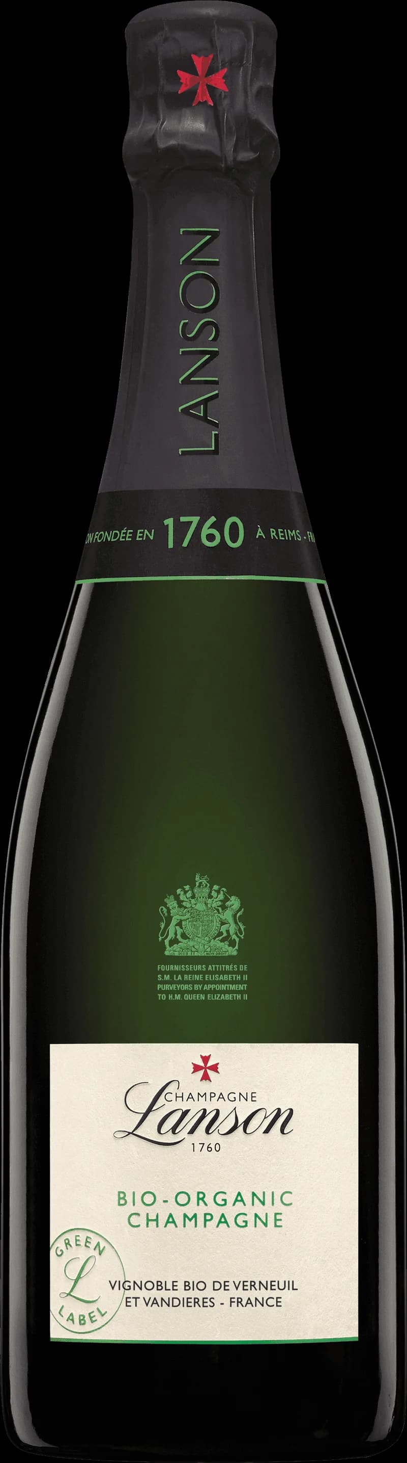 Flaska av Lanson mousserande vin på vit bakgrund