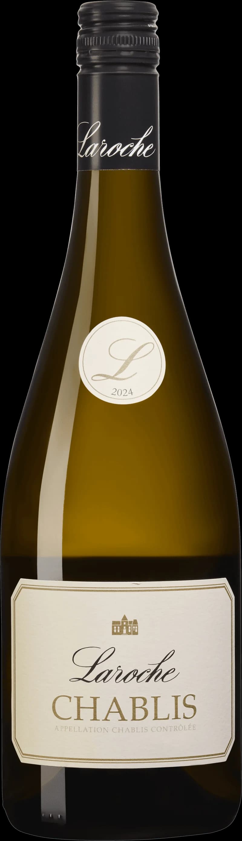 Flaska Laroche Chablis vitt vin mot ljus bakgrund