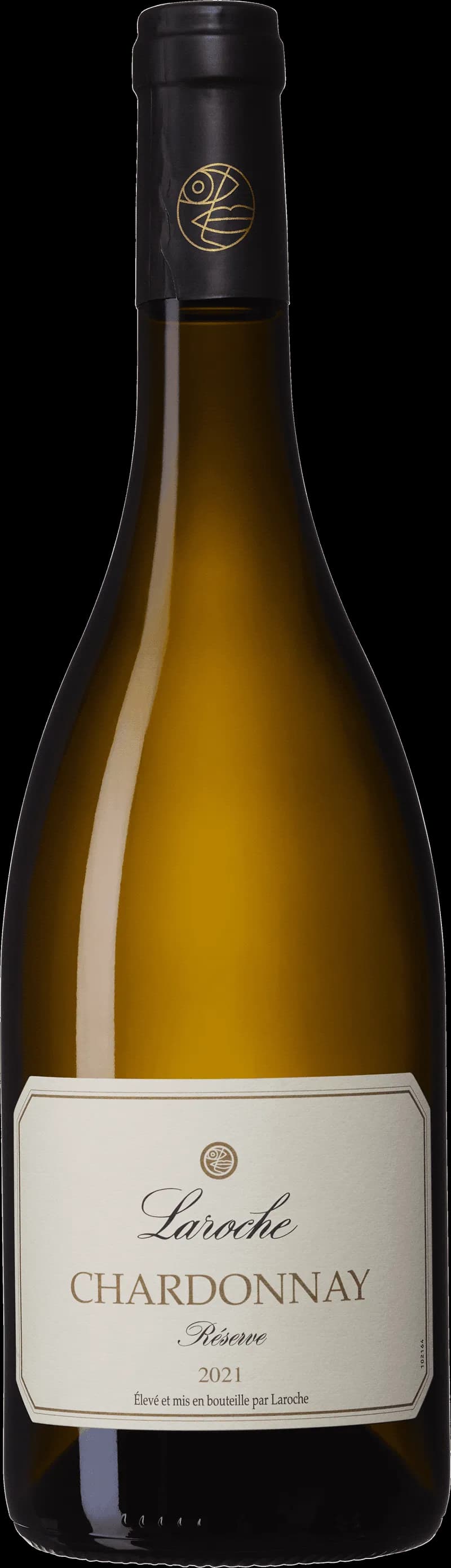 Flaska med vitt vin från Laroche på en ljus bakgrund