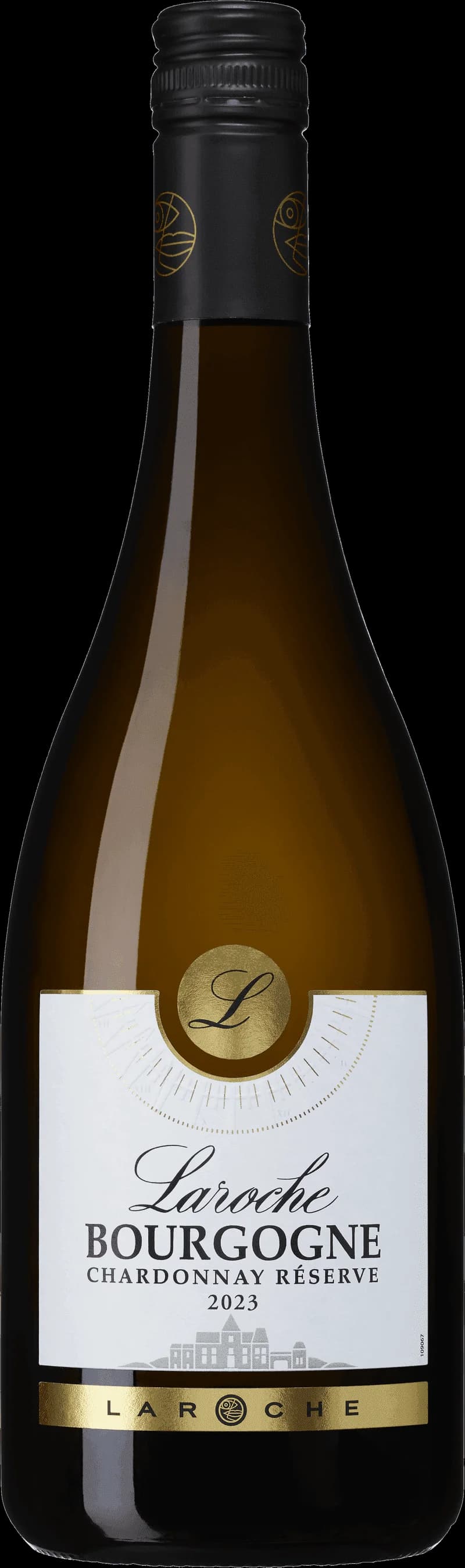 Flaska av vitt vin från Laroche på en ljus bakgrund.