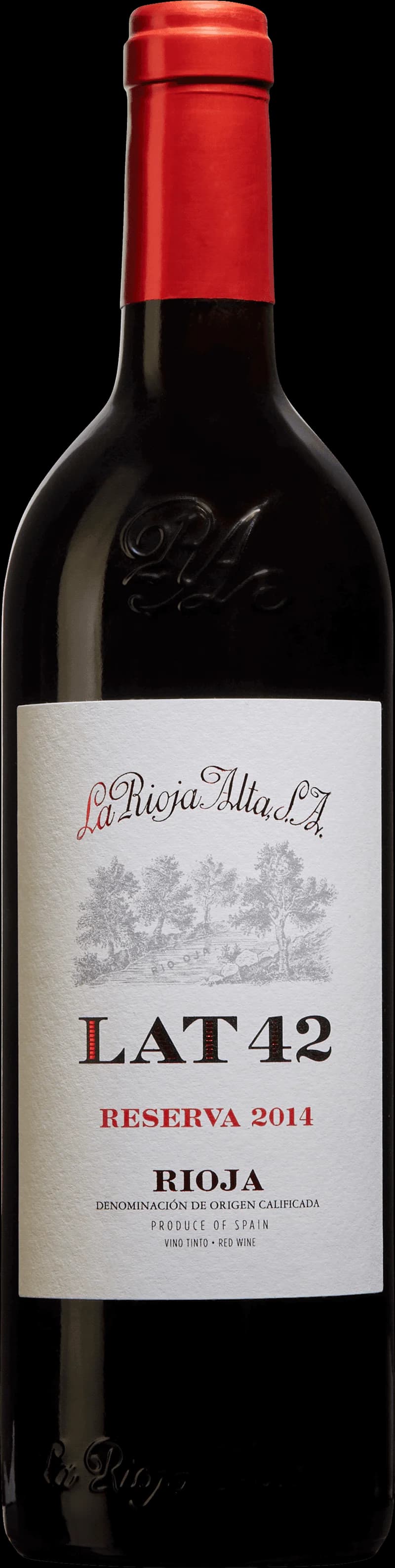 Etikett på Låt 42 rött vin mot mörk bakgrund.
