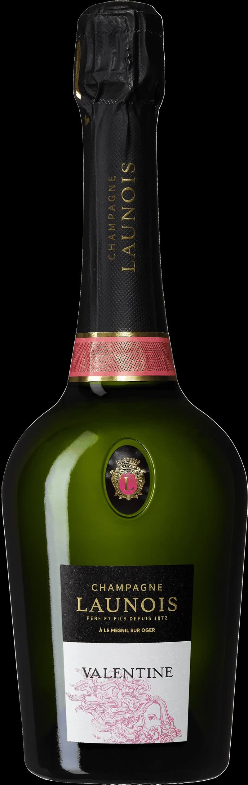 Flaska med Launois mousserande vin mot en neutral bakgrund.