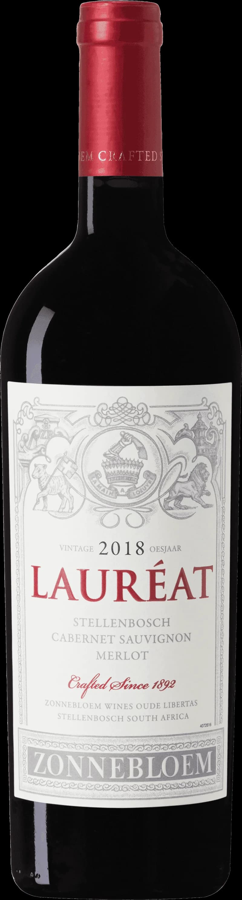 Flaska med Laureat rött vin mot en mörk bakgrund.