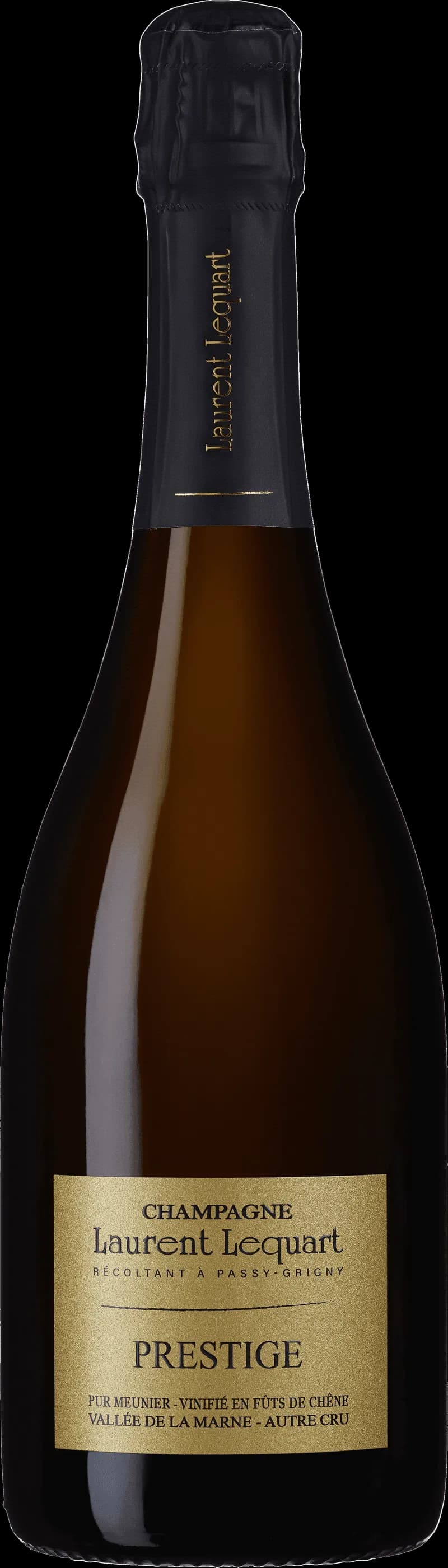 Flaska av mousserande vin från Laurent Lequart med etikett och bubblande innehåll.
