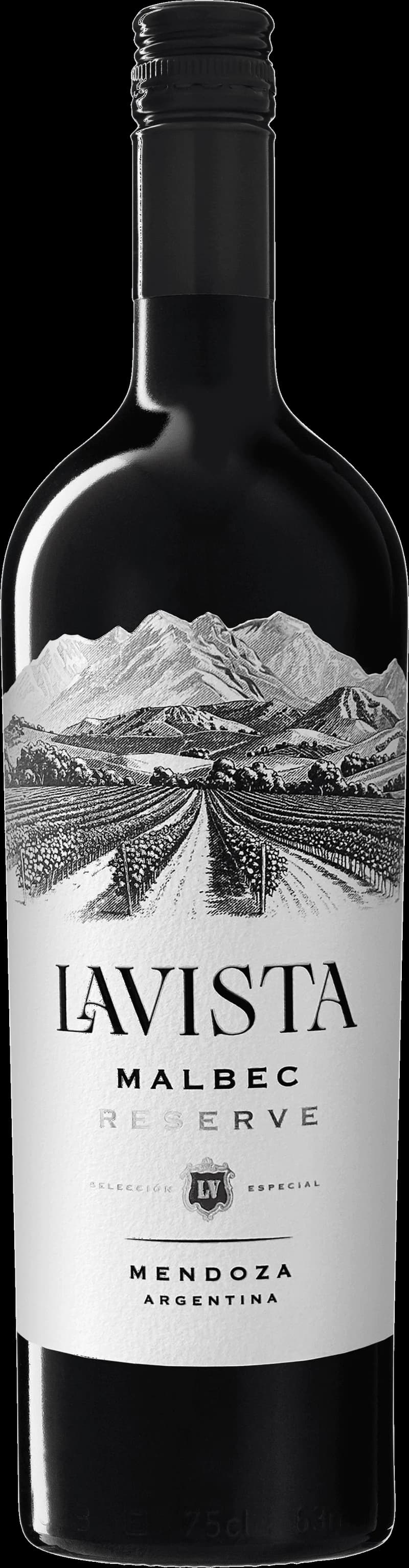 Flaska av La Vista rött vin med etikett framför en vingård.