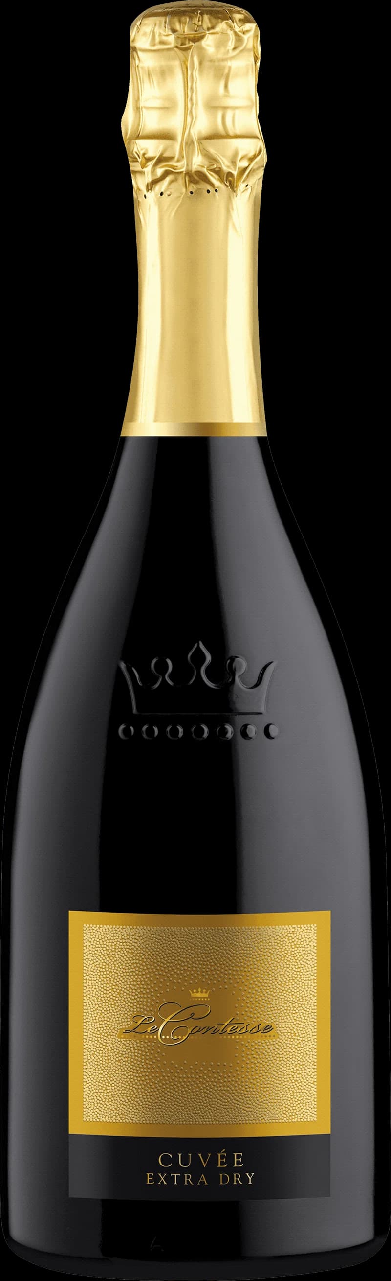 Flaska av Le Contesse mousserande vin mot ljus bakgrund.