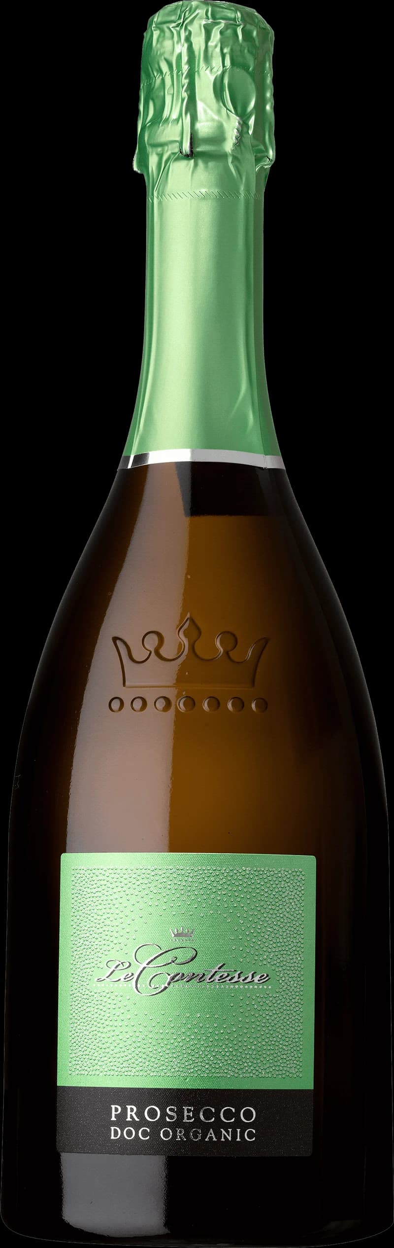 Flaska av Le Contesse mousserande vin mot en ljus bakgrund.