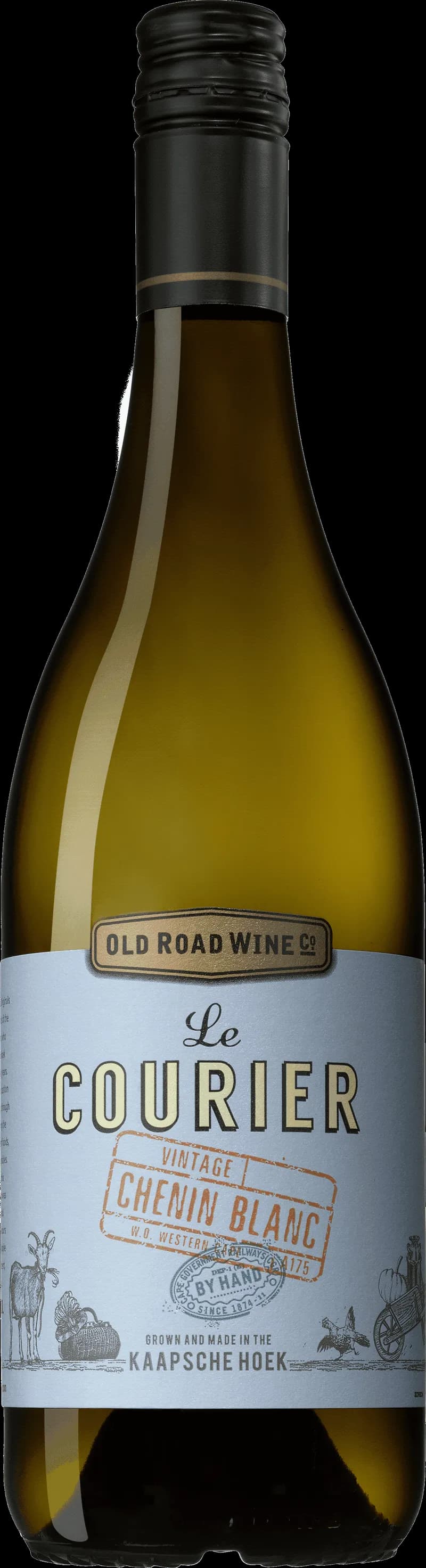 Etikett på Le Courier vitt vin mot en mörk bakgrund.
