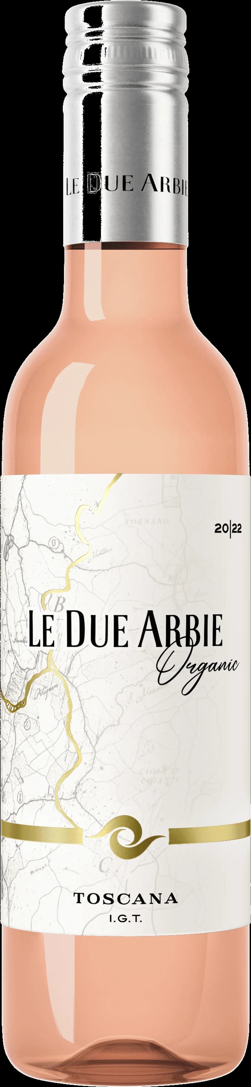 Flaska och glas med Le Due Arbie rosévin mot ljus bakgrund.