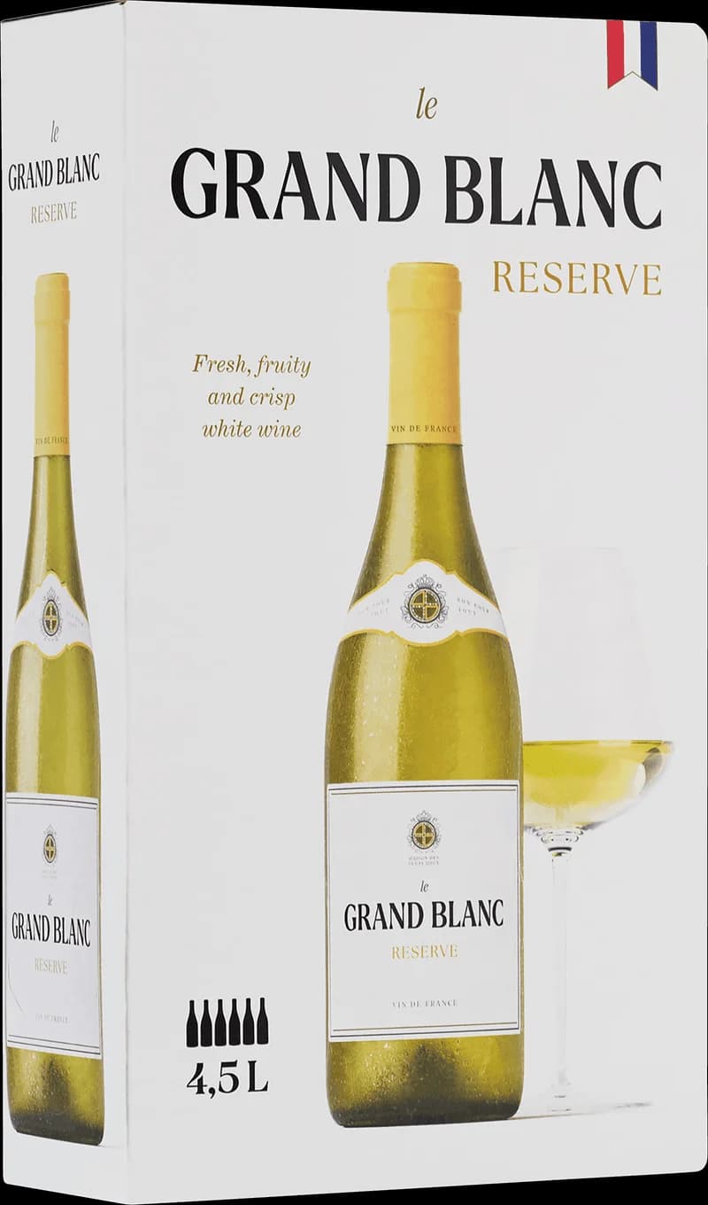 Flaska av Le Grand Blanc vitt vin mot ljus bakgrund.