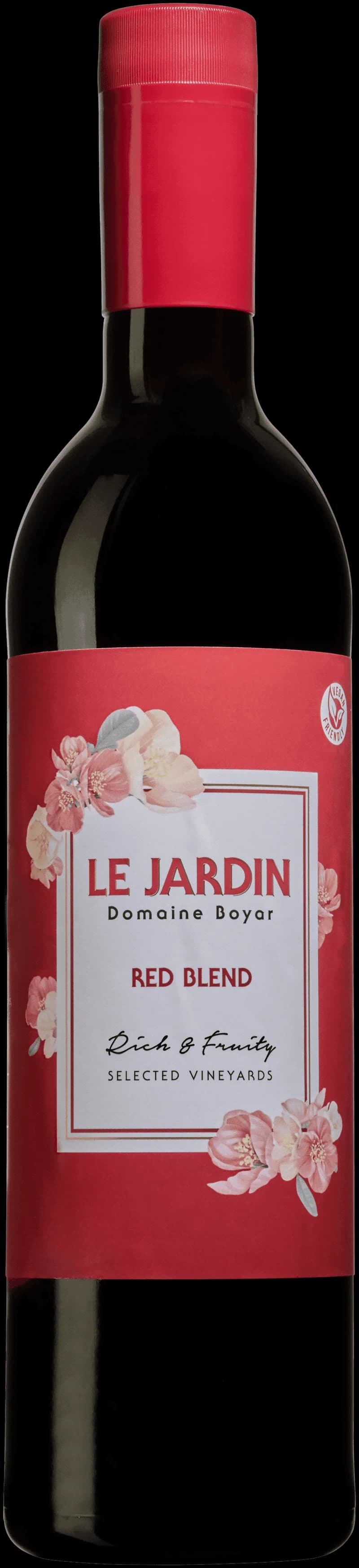 Flaska av Le Jardin rött vin mot en mörk bakgrund