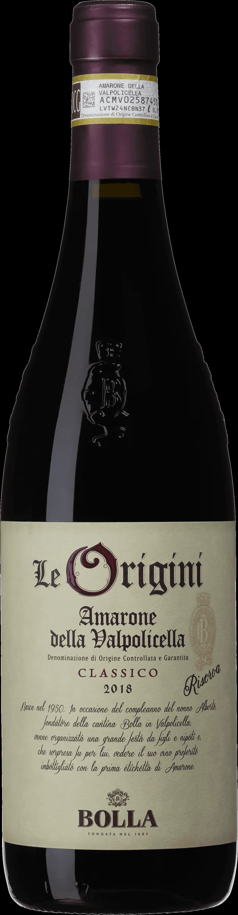 Flaska Le Origini Amarone Classico Riserva rött vin mot neutral bakgrund.