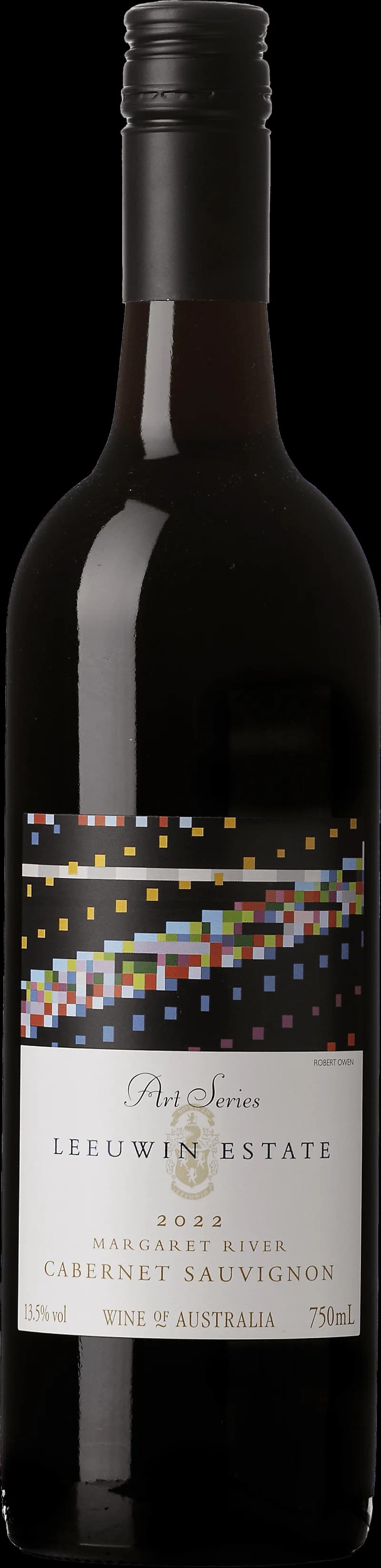 Flaska av Leeuwin Estate Art Series rött vin mot neutral bakgrund.