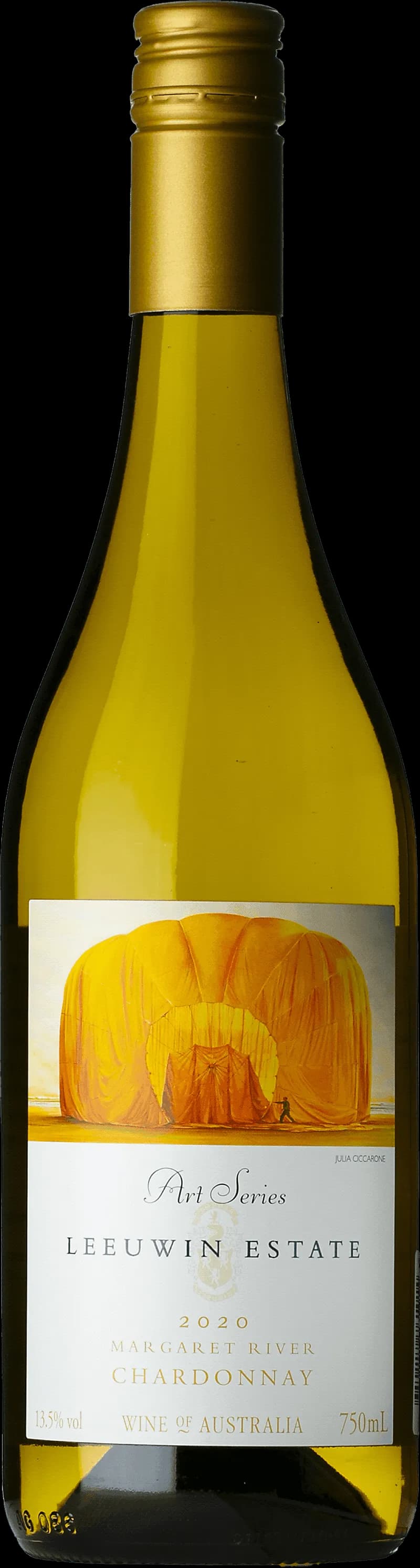 Flaska av Leeuwin Estate Art Series vitt vin mot ljus bakgrund.