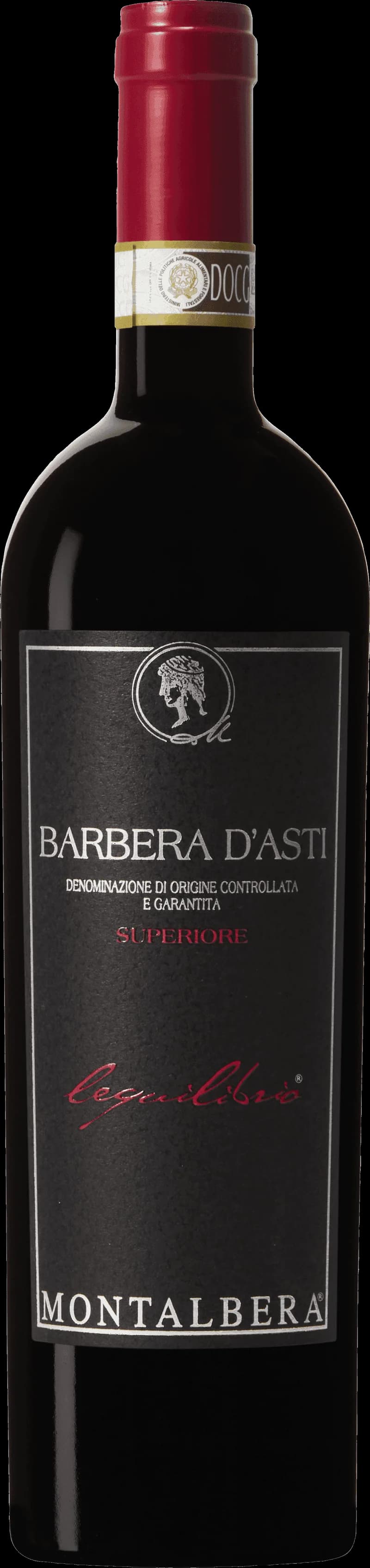Flaska av rött vin från L'Equilibrio på en bordsservering.