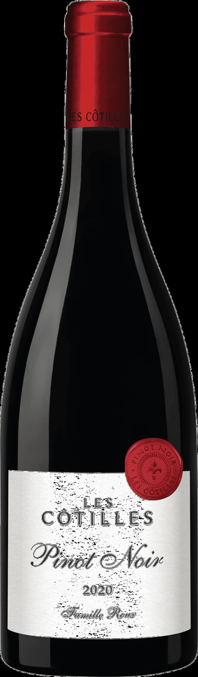 Flaska rött vin från Les Côtes på vit bakgrund