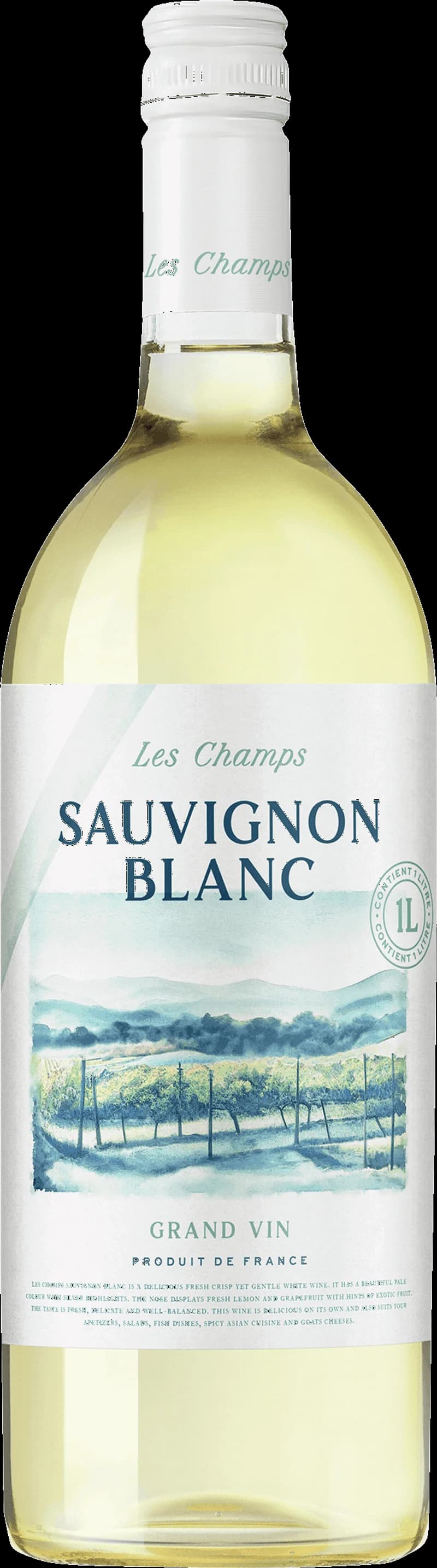 Flaska av Les Champs vitt vin mot en ljus bakgrund.
