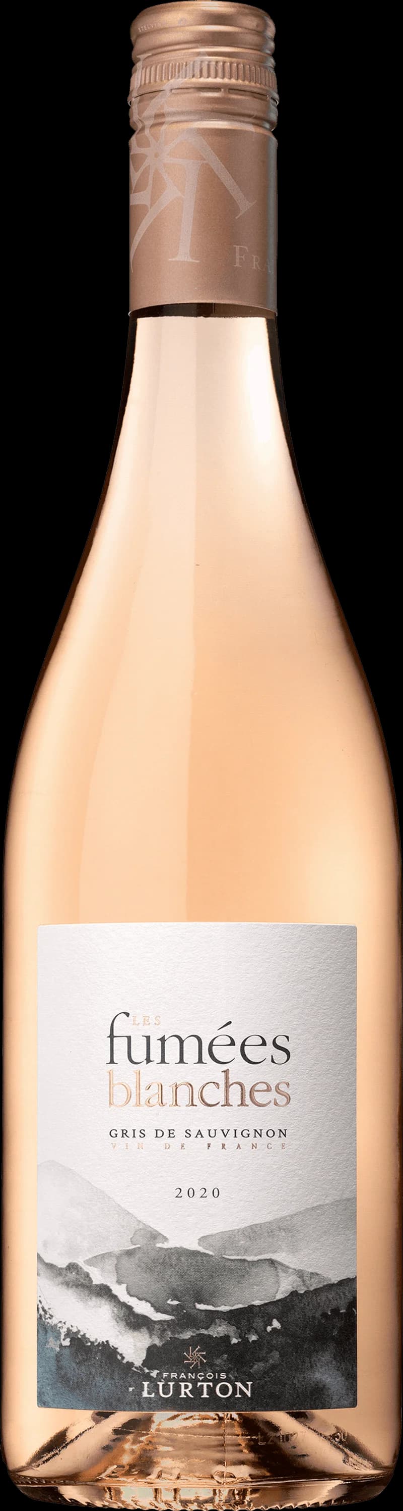 Flaska av Les Fumées Blanches rosévin mot en ljus bakgrund.