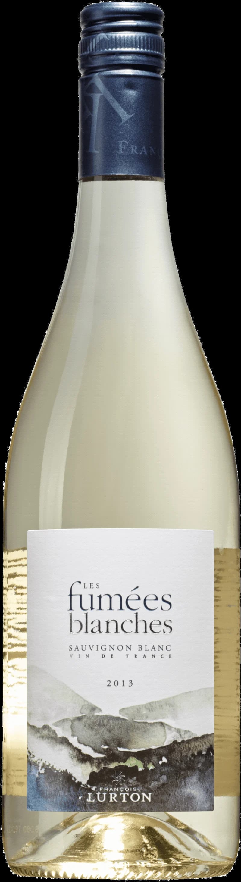 Flaska av vitt vin Les Fumées Blanches mot en neutral bakgrund.