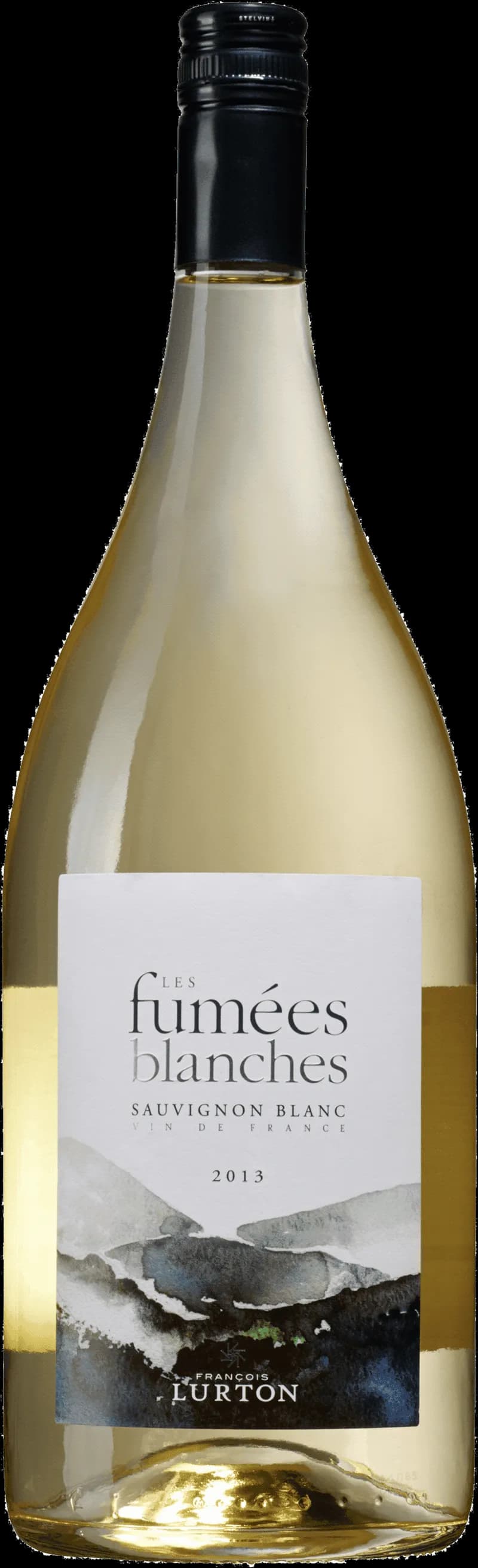 Flaska Les Fumées Blanches vitt vin mot ljus bakgrund