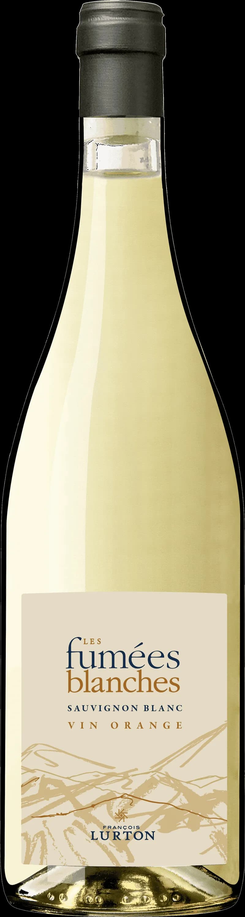 Flaska av vitt vin Les Fumées Blanches mot en neutral bakgrund.