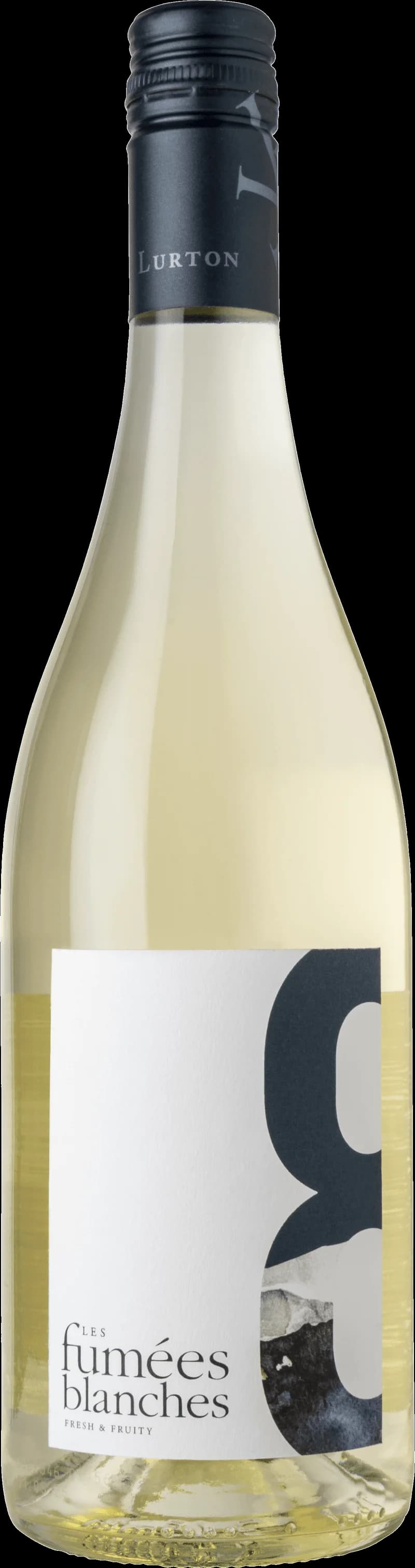 Flaska Les Fumées Blanches vitt vin mot neutral bakgrund.