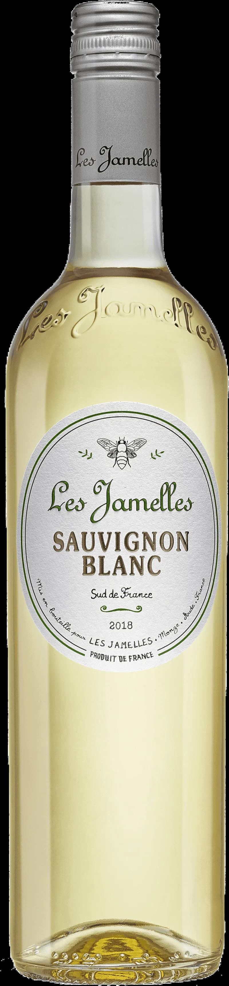 Flaska av Les Jamelles vitt vin mot ljus bakgrund