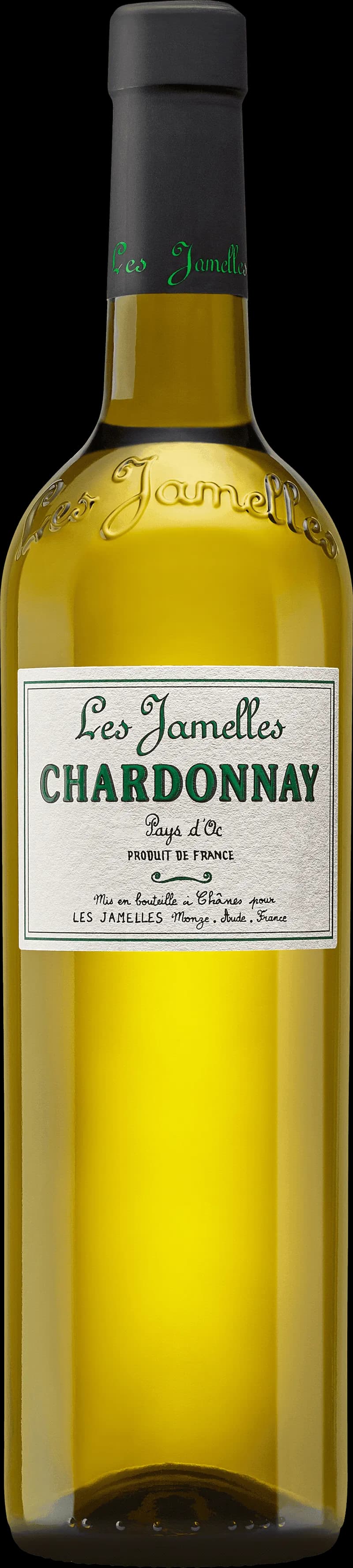 Flaska Les Jamelles vitt vin mot ljus bakgrund