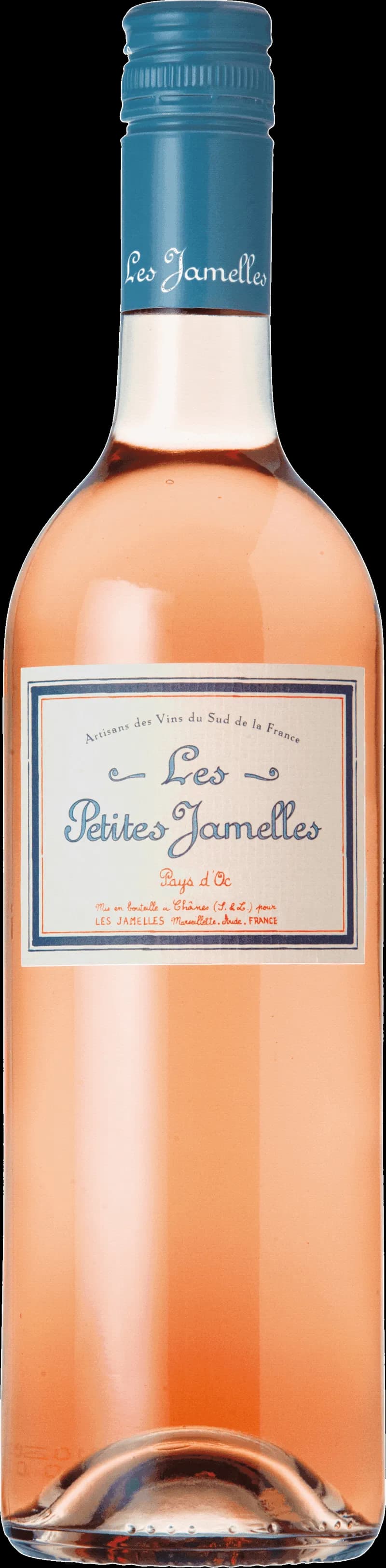 Flaska med Les Petites Jamelles rosévin mot ljus bakgrund.