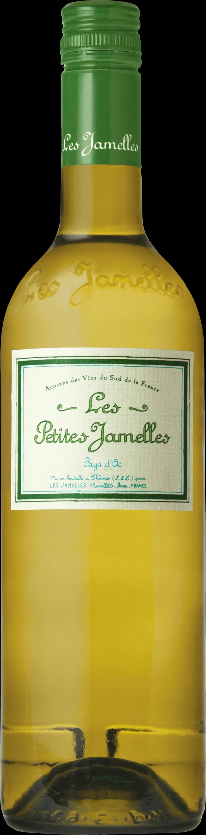 Flaska av vitt vin Les Petites Jamelles på en ljus bakgrund.