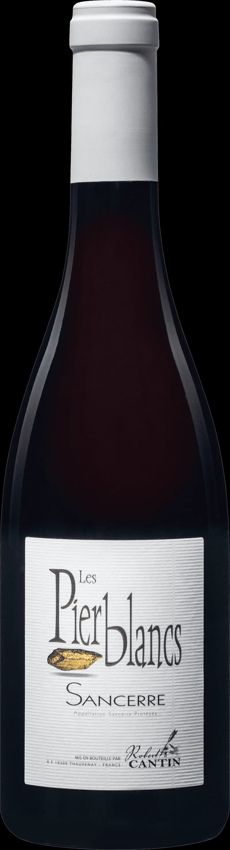 Flaska av rött vin Les Pier Blancs på vit bakgrund