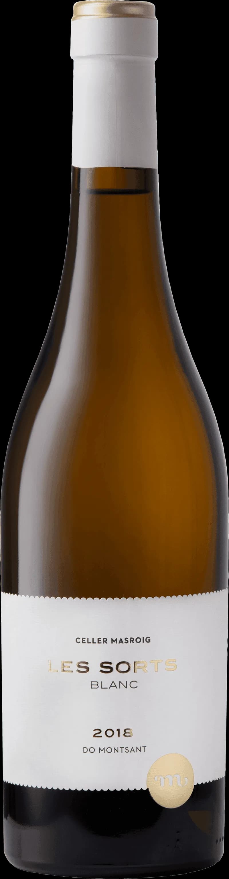 Flaska och glas med Les Sorts vitt vin på ett bord.