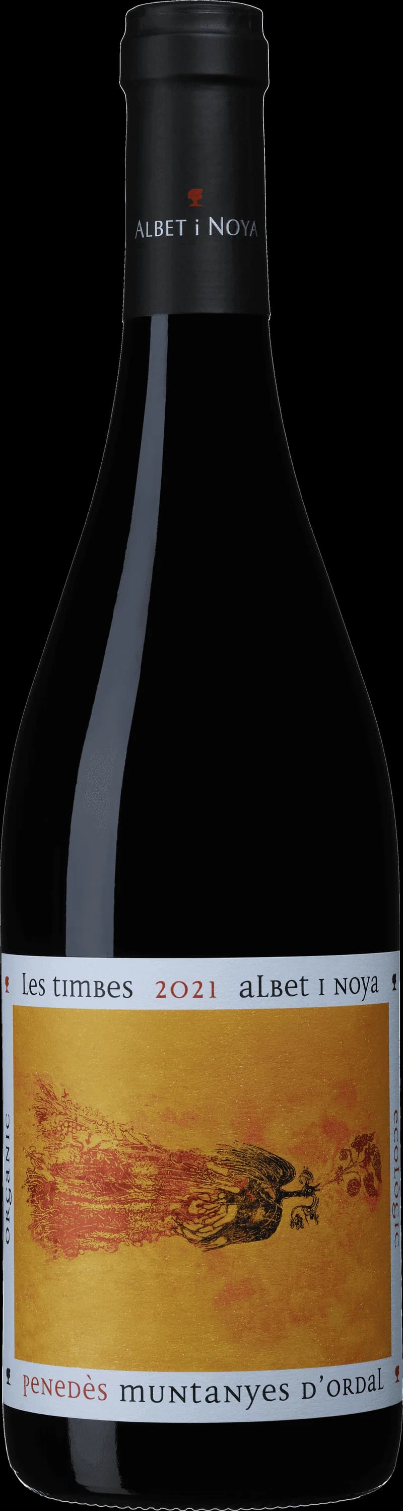 Flaska av rött vin Les Timbes på en bordsservering
