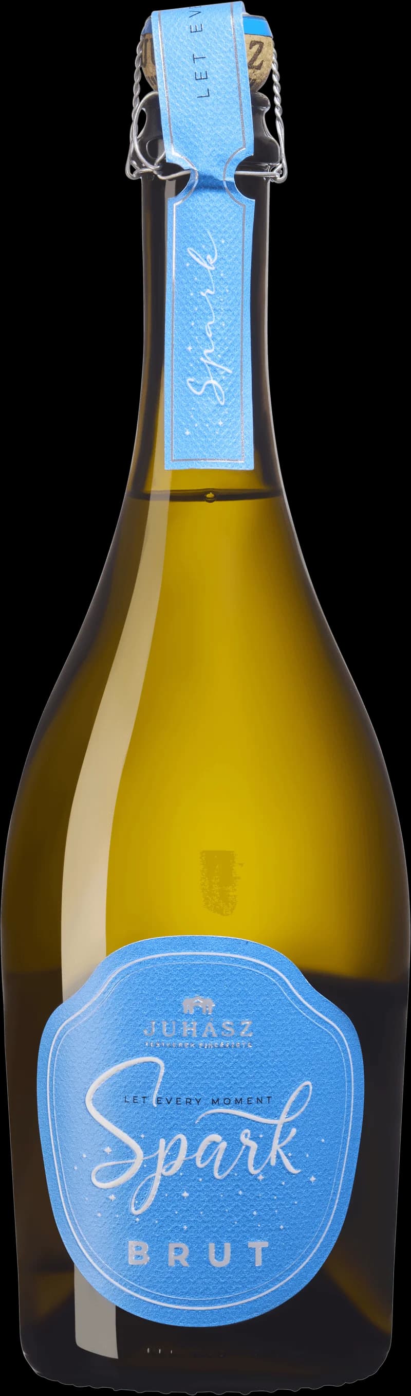 Let Every Moment Spark – flaska med mousserande vin mot en mörk bakgrund.